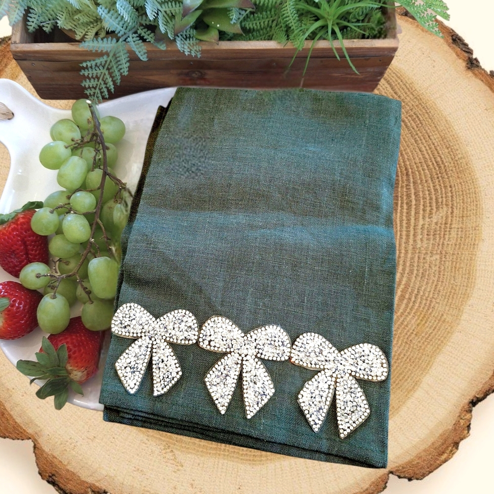 Elegant Green Hand Towels with Rhinestone Bows